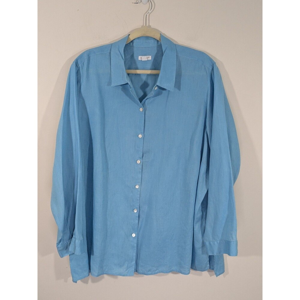 J Jill Love Linen Shirt Womens Plus 3X Blue Button Front Long Sleeve Tunic Top